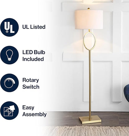 JONATHAN Y 61" Brass Gold Metal LED Floor Lamp for Living Room Modern Hoop Design Standing Lamp, White Linen Drum Shade, Bedroom Home Office, LED Bulb Included JYL1089A