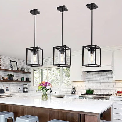MELUCEE 3-Light Hanging Kitchen Lights Over Island with Clear Glass Shade, 3 Pack Black Small Chandelier Farmhouse Pendant Light for Kitchen Island Dining Room Hallway