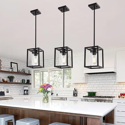 MELUCEE 3-Light Hanging Kitchen Lights Over Island with Clear Glass Shade, 3 Pack Black Small Chandelier Farmhouse Pendant Light for Kitchen Island Dining Room Hallway