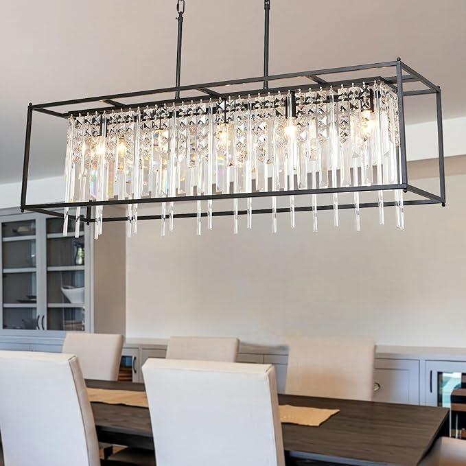 Modern Rectangle Black Crystal Chandeliers for Dining Room, 40" Rectangular Farmhouse Chandelier Top K9 Crystal Linear Light Fixture Lighting for Kitchen Island, Living Room L40xW12xH11