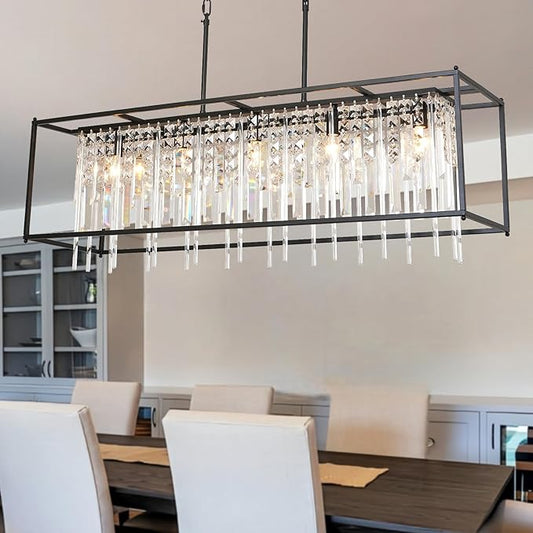 Modern Rectangle Black Crystal Chandeliers for Dining Room, 40" Rectangular Farmhouse Chandelier Top K9 Crystal Linear Light Fixture Lighting for Kitchen Island, Living Room L40xW12xH11