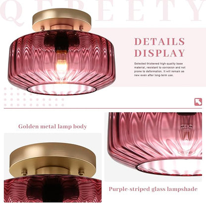 8.66" Low-Profile Purple Glass Flush Mount Ceiling Light, Gold Metal 1-Light Fixture, Easy Install Semi-Flush Ceiling Lamp for Small Bedrooms, Bathrooms, Closets