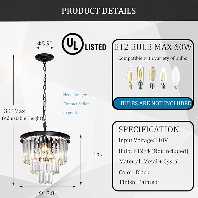 Small Black Crystal Chandeliers for Dining Room, 3-Tier 4 Lights Modern Chandelier Contemporary Luxury Top K9 Crystal Ceiling Pendant Light Fixture for Foyer Kitchen Bedroom Closet 14"