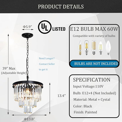 Small Black Crystal Chandeliers for Dining Room, 3-Tier 4 Lights Modern Chandelier Contemporary Luxury Top K9 Crystal Ceiling Pendant Light Fixture for Foyer Kitchen Bedroom Closet 14"