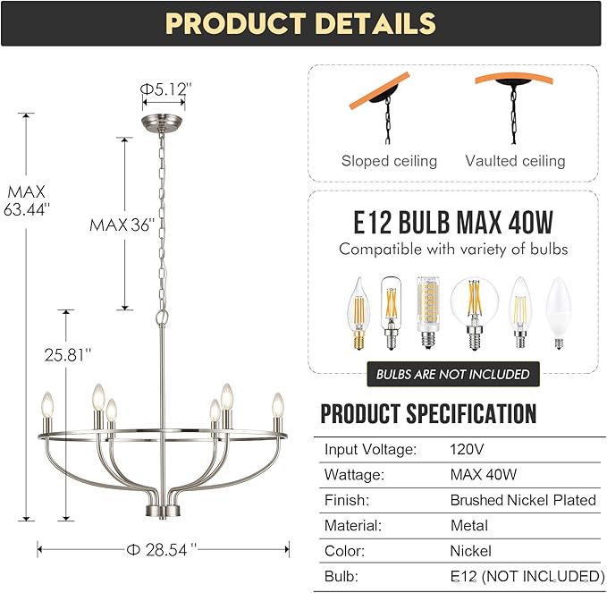 Brushed Nickel Chandelier, 6-Light Dining Room Chandelier Chrome Light Fixture Metal Candle Kitchen Chandeliers 28inch Round Chandeliers with Long Chain for Bedroom Living Room