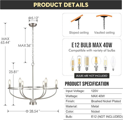 Brushed Nickel Chandelier, 6-Light Dining Room Chandelier Chrome Light Fixture Metal Candle Kitchen Chandeliers 28inch Round Chandeliers with Long Chain for Bedroom Living Room