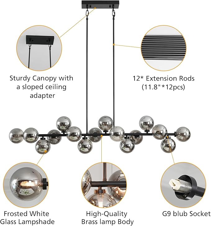 Black Large Linear Sputnik Chandelier, 55" Mid Century Modern Chandelier with 16 Grey Glass Lampshades, Big Modern Globe Chandeliers for High Ceiling Dining Room Kitchen Island - Black
