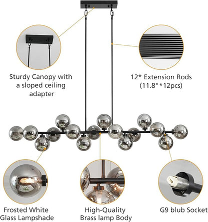 Black Large Linear Sputnik Chandelier, 55" Mid Century Modern Chandelier with 16 Grey Glass Lampshades, Big Modern Globe Chandeliers for High Ceiling Dining Room Kitchen Island - Black