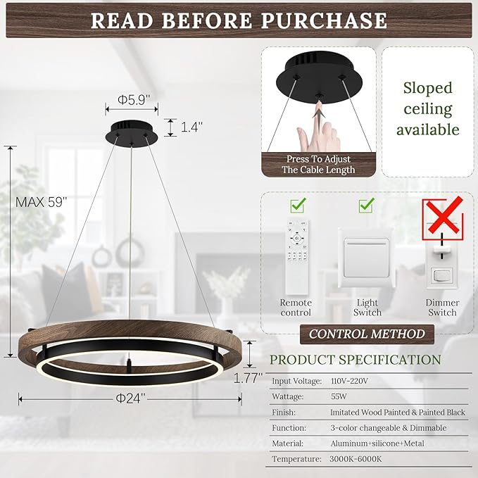 LED 2 Ring Chandelier Dimmable Up Down Light Black Chandelier Round Foyer Chandeliers Light Walnut Wood Black Circular Chandeliers for Dining Room Entry Bedroom Office Living Room