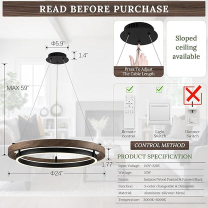 LED 2 Ring Chandelier Dimmable Up Down Light Black Chandelier Round Foyer Chandeliers Light Walnut Wood Black Circular Chandeliers for Dining Room Entry Bedroom Office Living Room