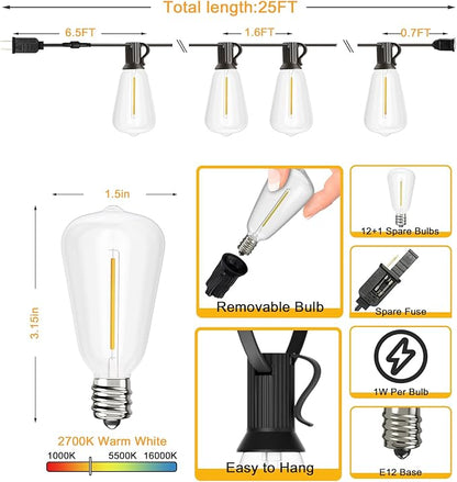 Svater Outdoor String Lights 25 FT, Patio Lights with 13 pcs Shatterproof Dimmable Vintage Edison ST38 Bulbs, Weatherproof Warm White Light for Patio, Backyard, Garden, Bistro