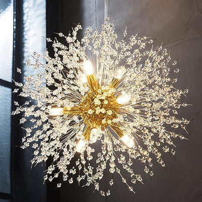 Modern Firework Gold Crystal Chandeliers,Sputnik Dandelion Chandelier Light Fixture Pendant Lighting for Dining Room,Living Room,Bedroom,Kitchen,Restaurant- 9 Lights