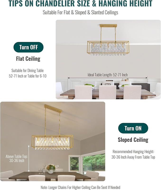 Siljoy Rectangular Gold Crystal Chandelier for Dining Room, 5-Light Modern K9 Crystal Raindrop Chandelier Luxury Crystal Pendant Ceiling Light for Living Room Kitchen Island L35.4'' x W11'' x H12''
