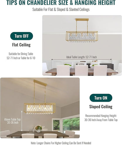 Siljoy Rectangular Gold Crystal Chandelier for Dining Room, 5-Light Modern K9 Crystal Raindrop Chandelier Luxury Crystal Pendant Ceiling Light for Living Room Kitchen Island L35.4'' x W11'' x H12''