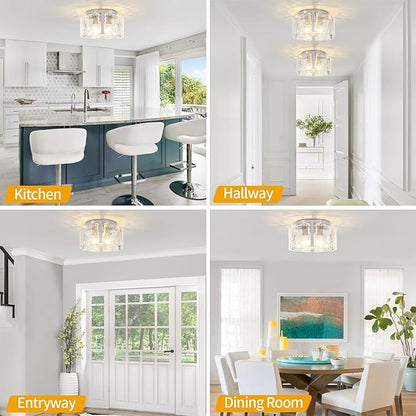 15'' Modern Brushed Nickel Semi Flush Mount Ceiling Light, Hallway Light Fixtures, 3-Light Glass Ceiling Lights for Entryway Kitchen Dining Room Foyer Bedroom Laundry Room Bathroom Lighting Fixtures