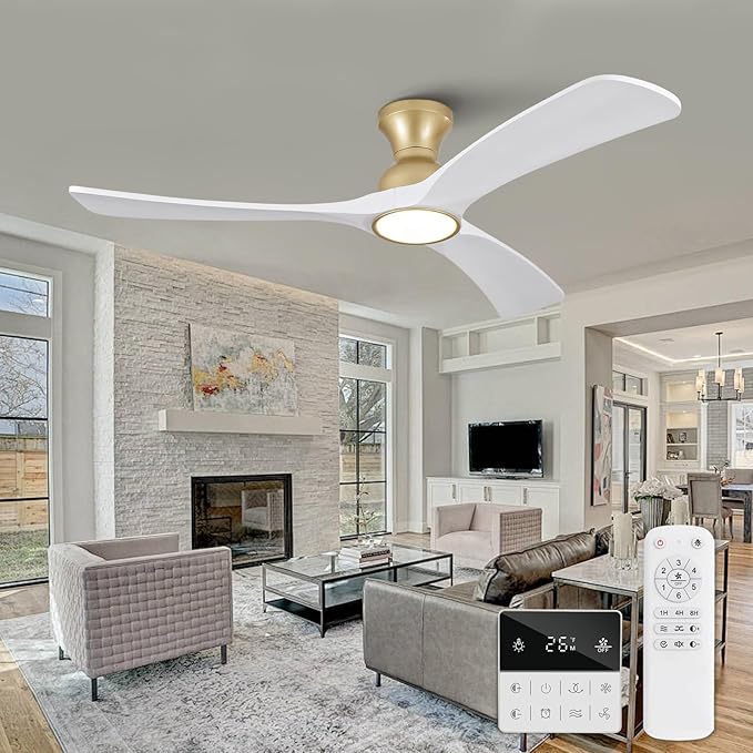 White Gold Ceiling Fans with Lights Flush Mount,52 inch Solid Wood,Remote Control,Wall Switch,Dimmable,Reversible,Power Off Memory Modern Ceiling Fan for Bedroom Patio Indoor/Outdoor Use