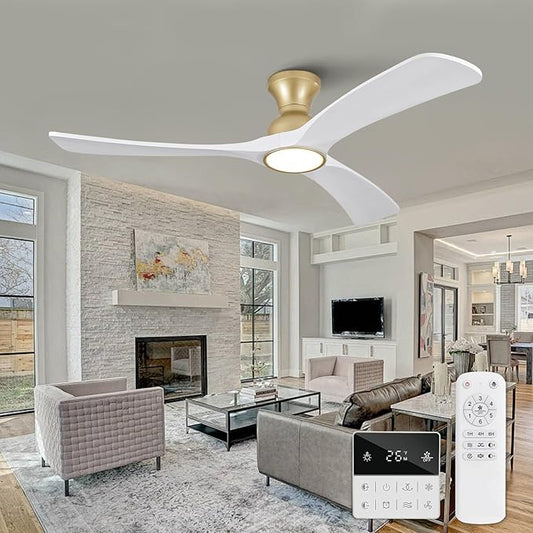 White Gold Ceiling Fans with Lights Flush Mount,52 inch Solid Wood,Remote Control,Wall Switch,Dimmable,Reversible,Power Off Memory Modern Ceiling Fan for Bedroom Patio Indoor/Outdoor Use