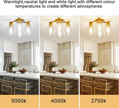4 Light Semi Flush Mount Ceiling Light Brushed Gold Kitchen Lighting Fixtures Ceiling Brass Hallway Cieling Lights Fixture with Clear Glass Shade for Bedroom Dining Room