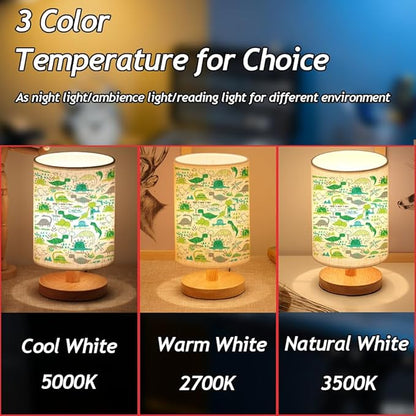 Dinosaur Kids Bedside Table Lamp for Bedroom, 3 Colors Nightstand Light Lamp with Wood Base Round Flaxen Fabric Shade Desk Reading Lamp for Girls Boys Room Decor, Dinosaur Nursery Stuff Boys Gifts