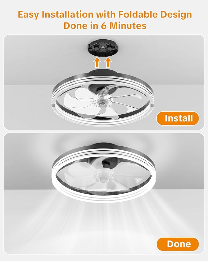 Ceiling Fans with Lights and Remote Low Profile Flush Mount LED Ceiling Fan with Lights 3000K-6500K Dimmable Foldable Fandelier Light 6 Wind Speeds Night Light for Bedroom Living Room Black Striped