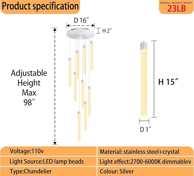 Modern 9-Lights Silver Crystal Column Chandeliers for Entrance Dimmable LED Pendant Lighting Hanging Lights for Dining Room Bedroom Foyer Staircase Living Room