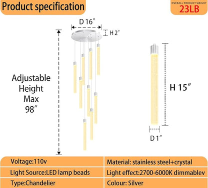 Modern 9-Lights Silver Crystal Column Chandeliers for Entrance Dimmable LED Pendant Lighting Hanging Lights for Dining Room Bedroom Foyer Staircase Living Room