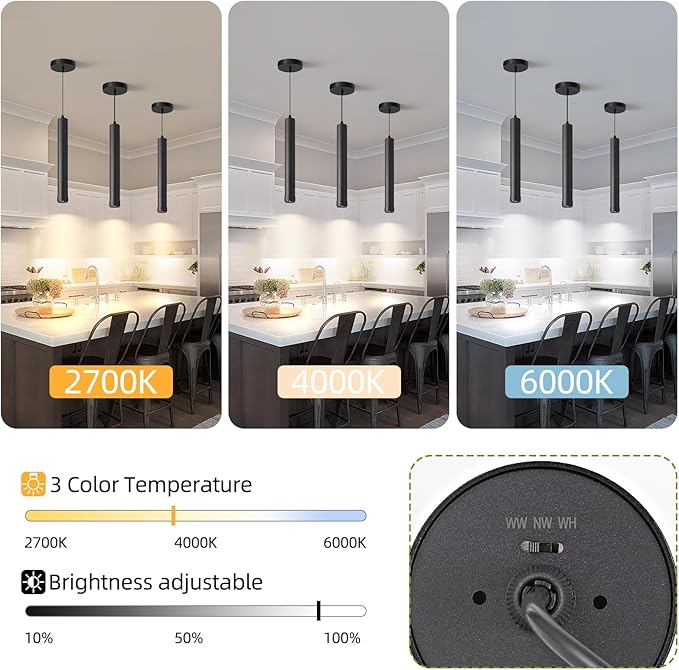 OKELI Black LED Mini Pendant Light, Dimmable Hanging Pendant with Adjustable Beam Angle, 3CCT 2700K–6000K Modern Pendant Light for Kitchen Island, Bar Counter or Bedroom, 7W 14.96", 3 Pack