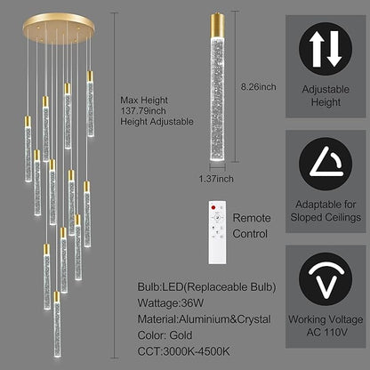 12-Lights Bubble Chandelier for Entryway High Ceiling-137 Height Adjustable Crystal Chandelier,3 Color Temperature Dimmable LED Pendant Light Fixture for Foyer Living Room Staircase,Gold