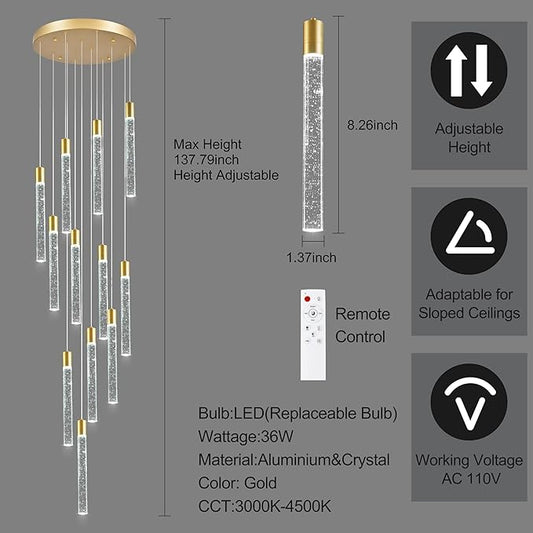 12-Lights Bubble Chandelier for Entryway High Ceiling-137 Height Adjustable Crystal Chandelier,3 Color Temperature Dimmable LED Pendant Light Fixture for Foyer Living Room Staircase,Gold