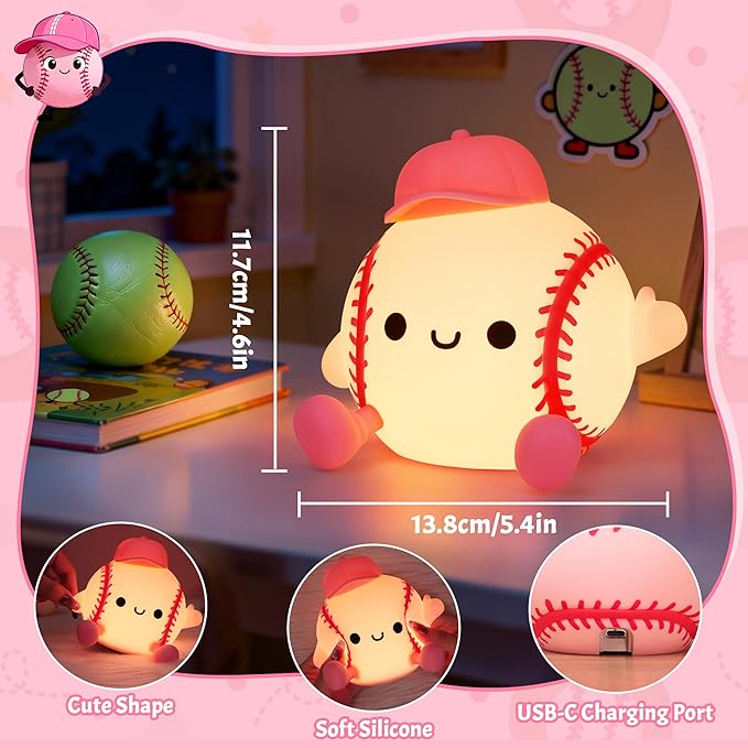 OkiyiD Softball Night Light, Cute Softball Gifts for Girls, Dimmable Rechargeable Silicone Touch Bedside Lamp for Girls Daughter Room Dorm Softball Fan Sporty Decor