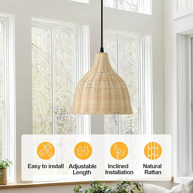Hard Wired Rattan Pendant Lights Set of 2,Boho Wicker Chandelier with 9.84” Dome Shade, Basket Hand Woven Hanging Lamp for Coastal Kitchen Island Dining Room Living Room Bar Foyer Hallway