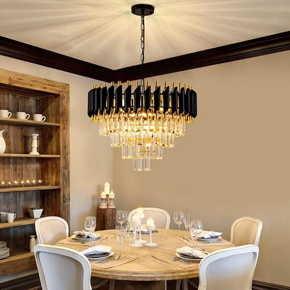 Modern Chandelier Gold and Black Crystal Chandeliers 4-Tier 20 Inch Round Hanging Crystal Pendant 7 Lights Fixture for Dining Room Bedroom Living Room Farmhouse, Clear
