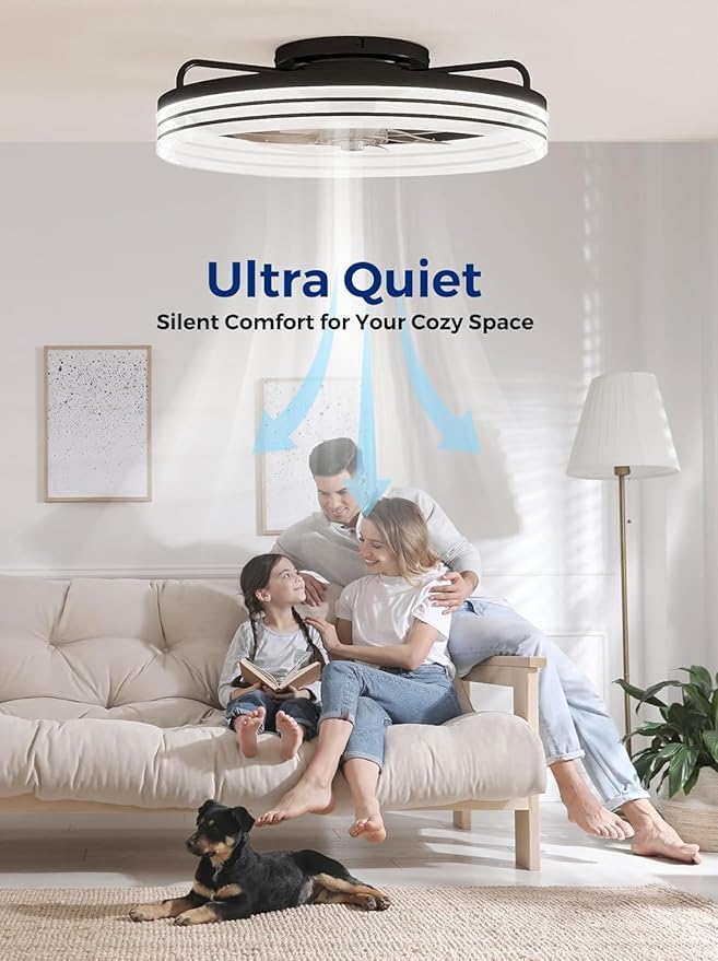 20-Inch Low Profile Ceiling Fan with Lights and Remote Control, Black Modern Flush Mount LED Ceiling Fan, Quiet Fandelier with 6 Wind Speeds, 3000K–6500K Dimmable Lighting for Bedroom