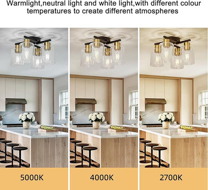 4-Light Semi Flush Mount Ceiling Light, Black and Gold Kitchen Lighting Fixtures Ceiling, Farmhouse Ceiling Light with Clear Glass Shade for Hallway, Living Room, Foyer, Bedroom
