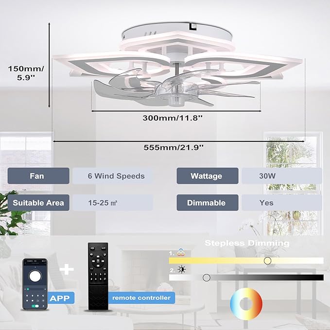 Ceiling Fan with Lights Low Profile Ceiling Fan with Lights Dimmable LED Fandelier 6 Speeds 3 Color White Fan for Bedroom Kids Room Living Room