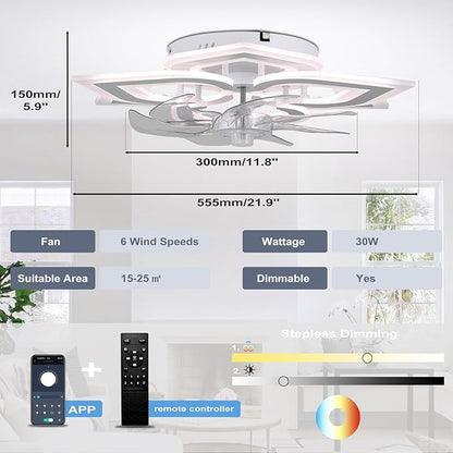 Ceiling Fan with Lights Low Profile Ceiling Fan with Lights Dimmable LED Fandelier 6 Speeds 3 Color White Fan for Bedroom Kids Room Living Room