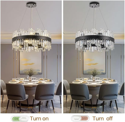 24'' Modern Black Crystal Chandeliers for Dining Room,2 Tiers K9 Crystal 12-Lights Luxury Chandelier Light Fixture Contemporary Pendant Ceiling Light for Living Room Kitchen Island Foyer