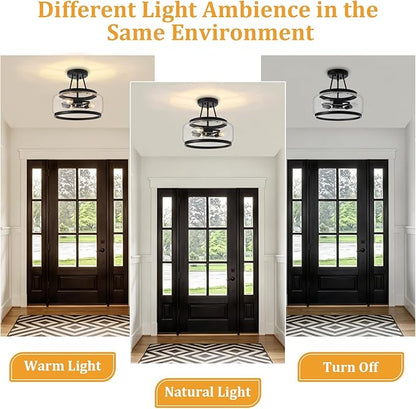11.81" Black Semi Flush Mount Ceiling Light Fixture Modern Glass Kitchen Lighting Fixtures Ceiling Lights 3-Light Hallway Light Fixtures Drum Entryway Chandelier for Bedroom Foyer Laundry Dining Room