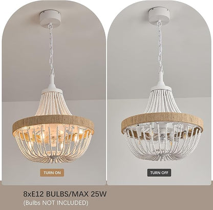 Luxury Empire Crystal Chandelier Fan with 64 Bead Strands, 7-Blade Invisible Fan, Remote/APP Controlled Ceiling Fan for Living Room, Bedroom, Dining Hall (White Wood Bead, 20" Farmhouse Style)