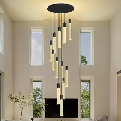 Luxury 12 Light Modern Crystal Pendant Light - 118" High Ceiling Black LED Dimmable Pendant Light for Bedside Island Kitchen Living Room