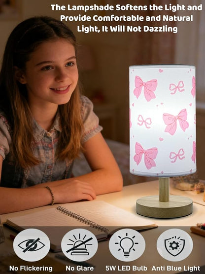 Pink Bow Table Lamp, Girls for Bedroom Bedside Lamp, 3-Way Dimmable Nightstand Night Light with Linen Fabric Shade Solid Wood Base for Kids Room Home Office or Living Decor, Birthday Gifts for Girls