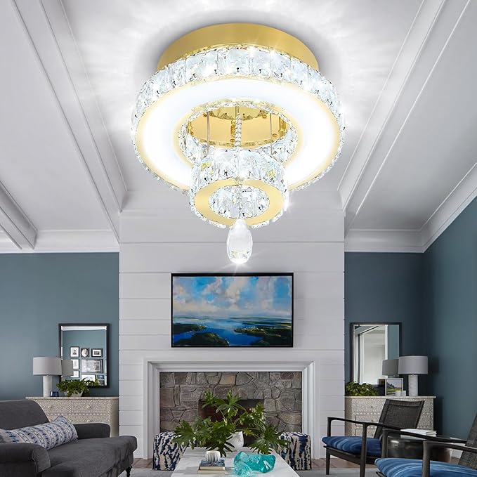 Flashing God 12" Modern Crystal Chandeliers Flush Mount Ceiling Light Gold Chandelier for Hallway LED Dimmable Light Fixture for Dining Room Living Room Bedroom