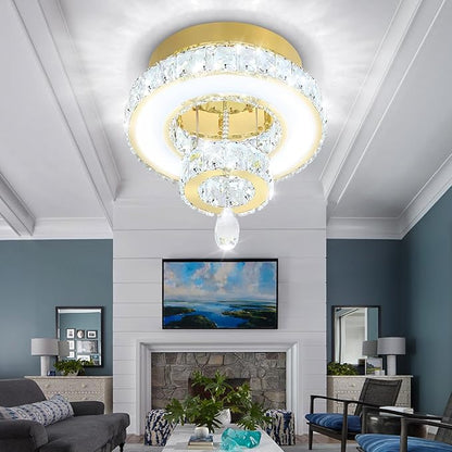 Flashing God 12" Modern Crystal Chandeliers Flush Mount Ceiling Light Gold Chandelier for Hallway LED Dimmable Light Fixture for Dining Room Living Room Bedroom
