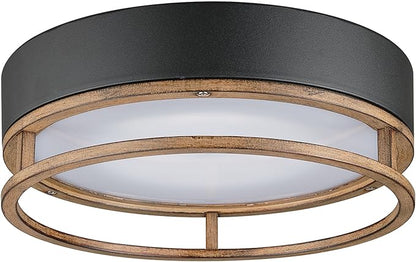 GLOBE Electric 44663 1-Light Integrated LED Outdoor/Indoor Flush Mount Ceiling Light, Matte Black and Faux Wood Finish, Frosted Diffuser, Weather Resistant, Modern Rustic Design