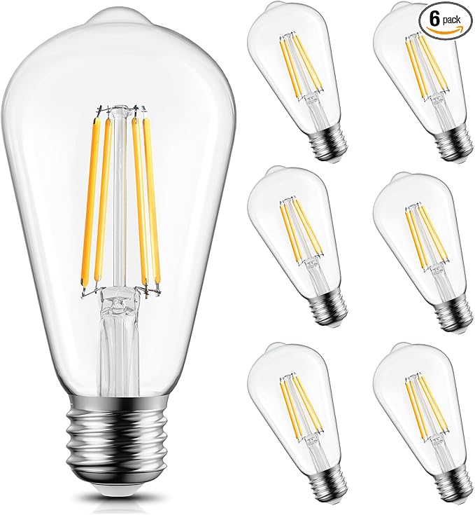 Brightown 6 Pack LED Edison Light Bulbs, 6W, Equivalent 60W, High Bright 2700K Warm White,750 Lumens, Non-Dimmable, E26 Base ST58 Antique Filament Bulbs with 80+ CRI for Ceiling Fan Bathroom Porch