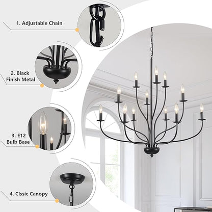 Black Chandelier 12 Light, Large Modern Farmhouse Chandeliers for Dining Room, Industrial Candle Pendant Lighting Fixture for Foyer Hallway Entryway High Ceiling, Bedroom, Living Room, Kitchen E12