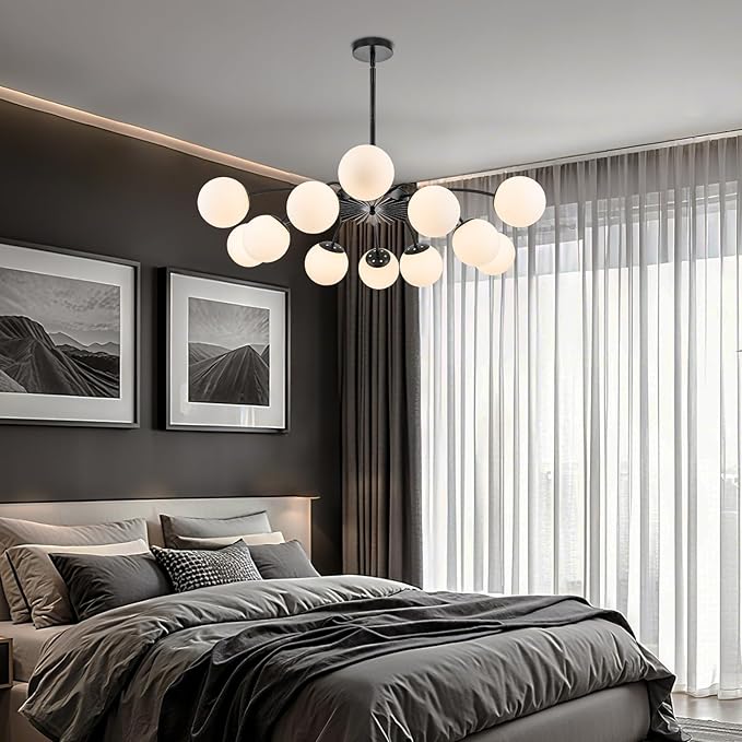 Longree 12-Light Black and White Sputnik Chandeliers with Blossom Accent Milk Glass Bubble Pendant Lighting, Mid Century Opal Glass Ceiling Light Fixture for Dining Hallway Living