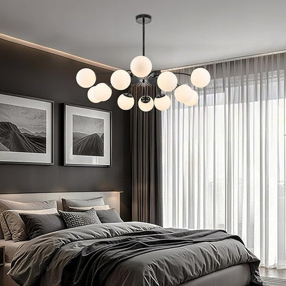 Longree 12-Light Black and White Sputnik Chandeliers with Blossom Accent Milk Glass Bubble Pendant Lighting, Mid Century Opal Glass Ceiling Light Fixture for Dining Hallway Living