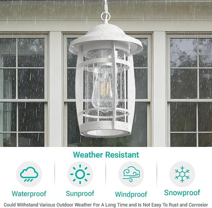 LOUSACE 1-Light Outdoor Pendant Lights for Porch, Exterior Hanging Porch Light Fixture Ceiling Mount Outdoor Chandelier, Waterproof White Aluminum Finish with Seeded Glass, for Gazebo Patio Entrance