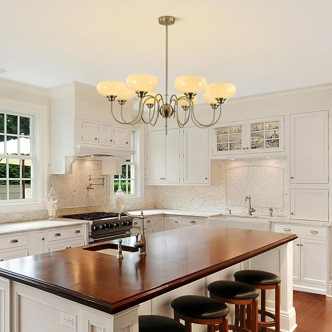 BOKT Large 8-Light Chandelier Modern Sputnik Chandeliers Flush Mount Ceiling Lights Cream Adjustable Height Pendant Lighting Vintage Gold Chandeliers with Light Yellow Glass Classic Ceiling Light
